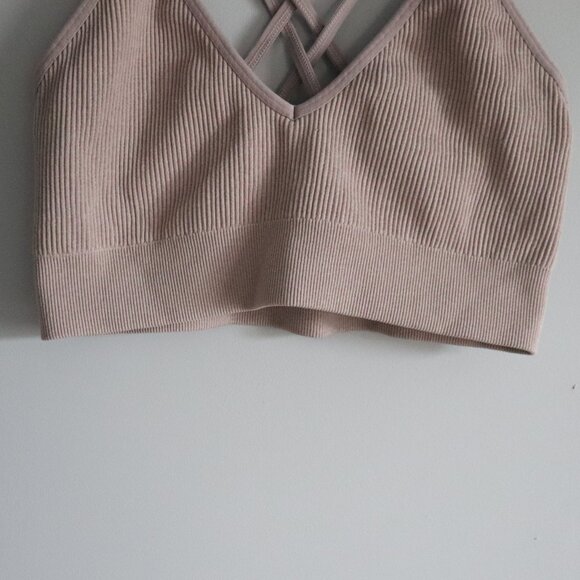 Aerie Women's Pink Sz L Ribbed V-Neck Criss Cross Stretch Casual Bra - Picture 3 of 9